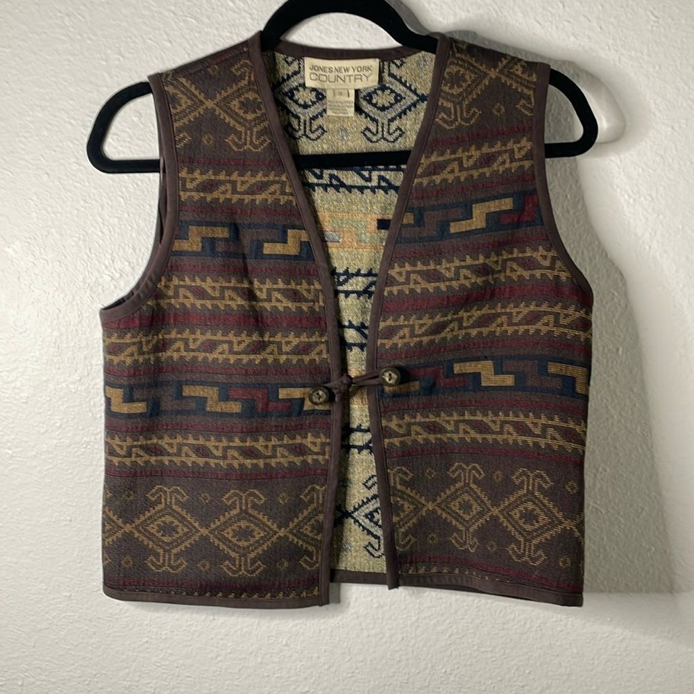 Jones New York Country Aztec Southwestern Vest Brown Size Small Wool Blend
